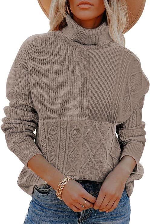 Women Color Block Pullover Sweater Mock Neck Long Sleeve Fall Casual Loose Knit Top | Amazon (US)
