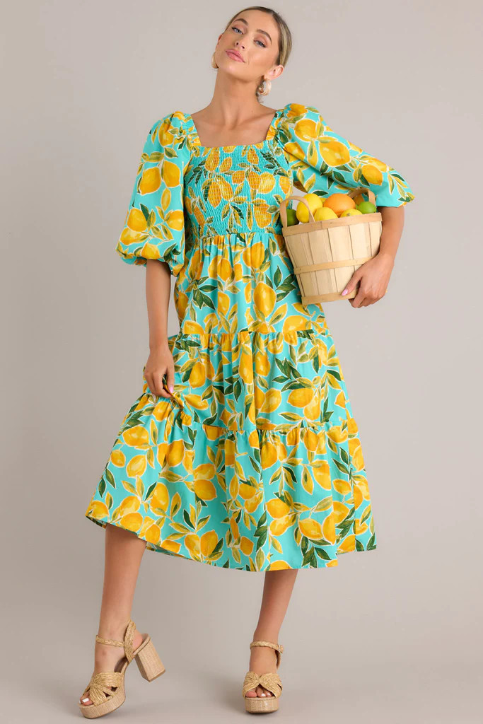Feeling Zesty Aqua Lemon Print Midi Dress | Red Dress