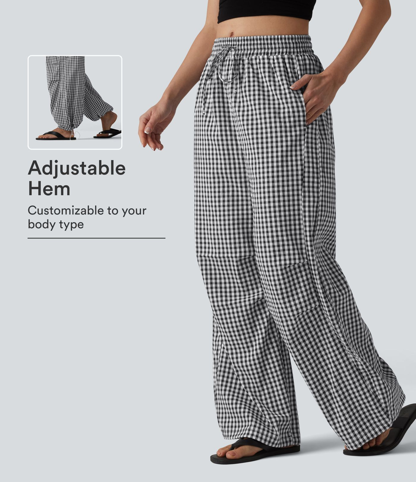 Mid Rise Drawstring Baggy Gingham Casual Pants with Pockets | HALARA