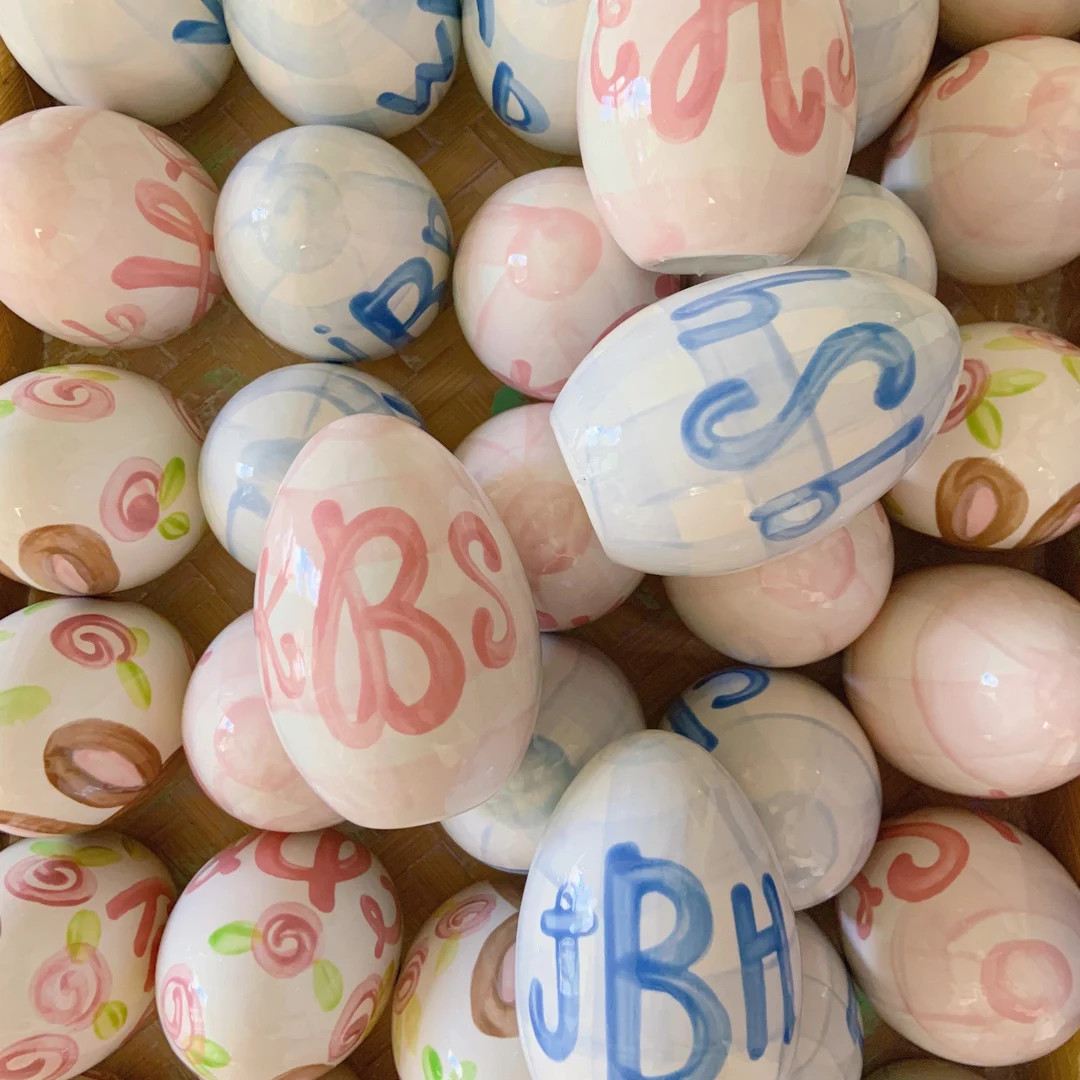 Personalized Ceramic Easter Eggs Preppy Gingham Blue Pink and White - Etsy | Etsy (US)
