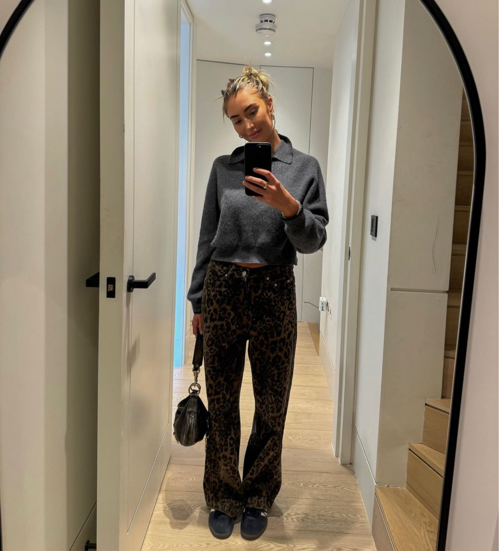 Leopard print jeans, casual outfit, sambas outfit, workwear, collared jumper, miumiu bag, shoulder bag, grey jumper, everyday outfit 

#LTKeurope #LTKworkwear