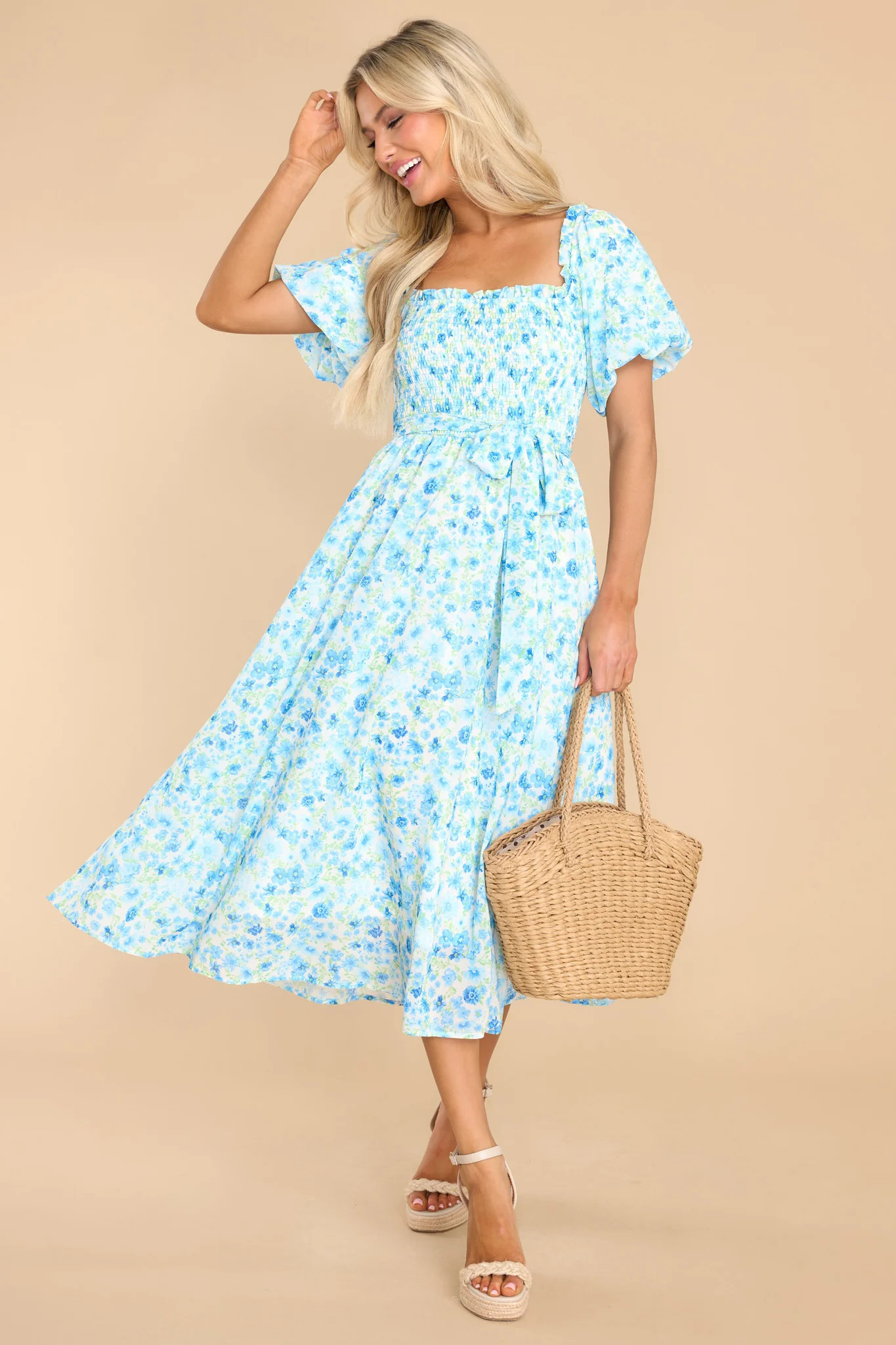 Grow Freely Blue Floral Print Midi Dress | Red Dress 