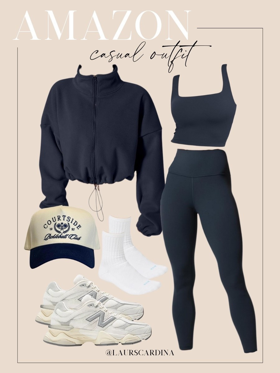 This casual outfit from Amazon includes a black cropped tank and leggings with a zip up fleece mock neck jacket, had, and New Balance sneakers and long socks.

Ootd, running errands outfit, amazon fashion, affordable fashion, workout outfitt

#LTKActive #LTKFindsUnder50 #LTKdayinmylife