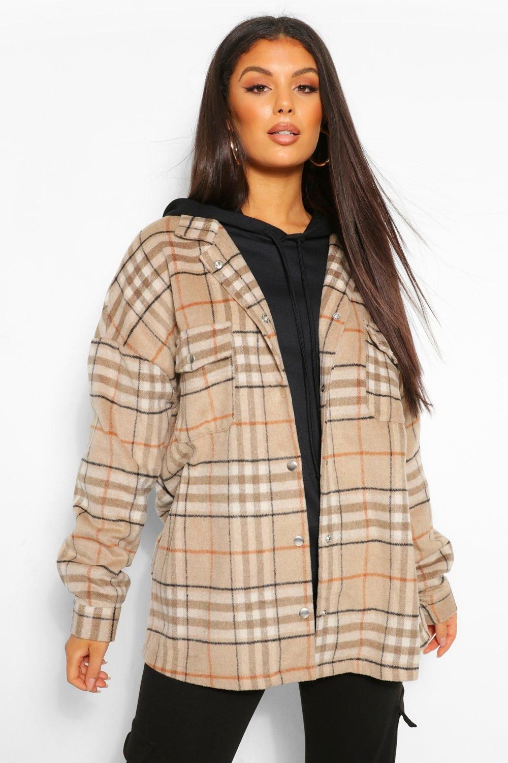 Womens Tall Brushed Cotton Oversized Flannel Shacket - Beige - 10 | Boohoo.com (US & CA)