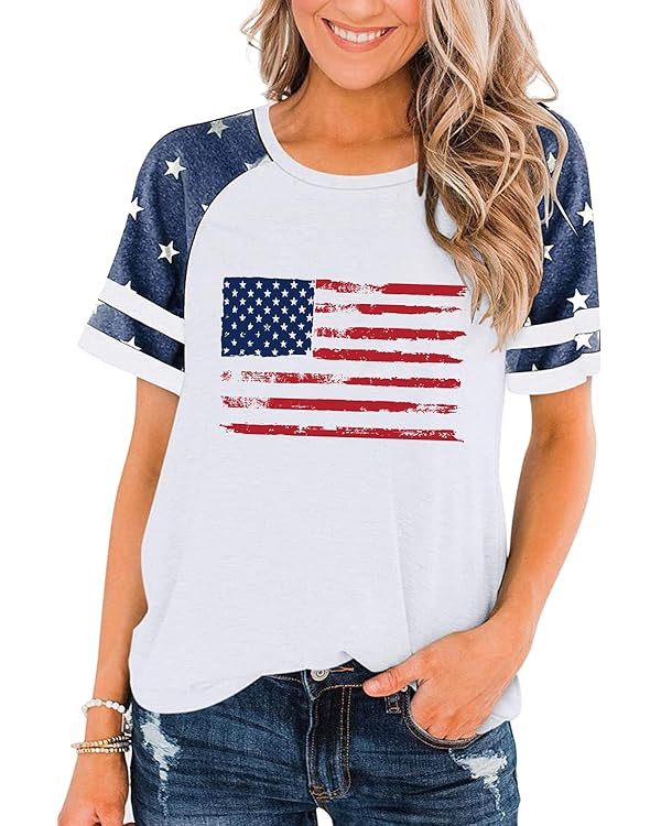 Patriotic Shirts for Women 4th of July T Shirts American Flag Graphic Tees Tops Raglan Short Slee... | Amazon (US)