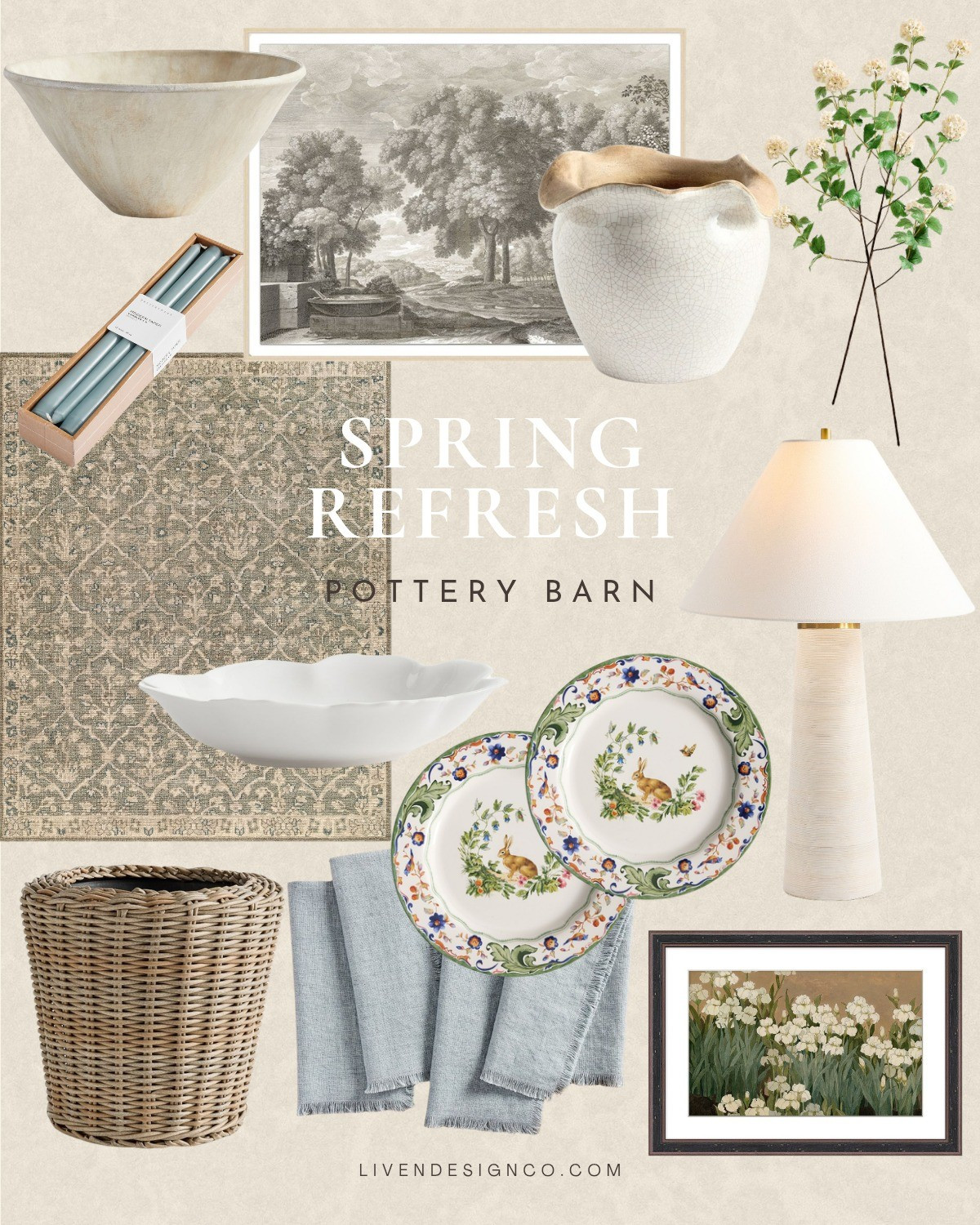 Pottery Barn spring decor. Easter dinnerware. Spring dinner plates. Chambray linen napkins. Ceramic vase. Pottery. Decorative bowl. Area rug. Lamp. Spring floral stems. Faux hydrangeas. Woven planter pot. 

#LTKSpringSale #LTKSeasonal #LTKHome
