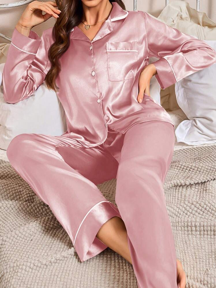 Women Autumn Comfort Pocket Front Button Pajamas Set (Top And Pants) | SHEIN