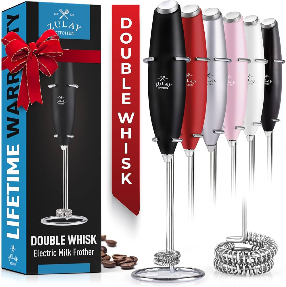 Zulay Kitchen Powerful Double Whisk Milk Frother Handheld - Foam Maker With Stand - Whisk Drink M... | Amazon (US)