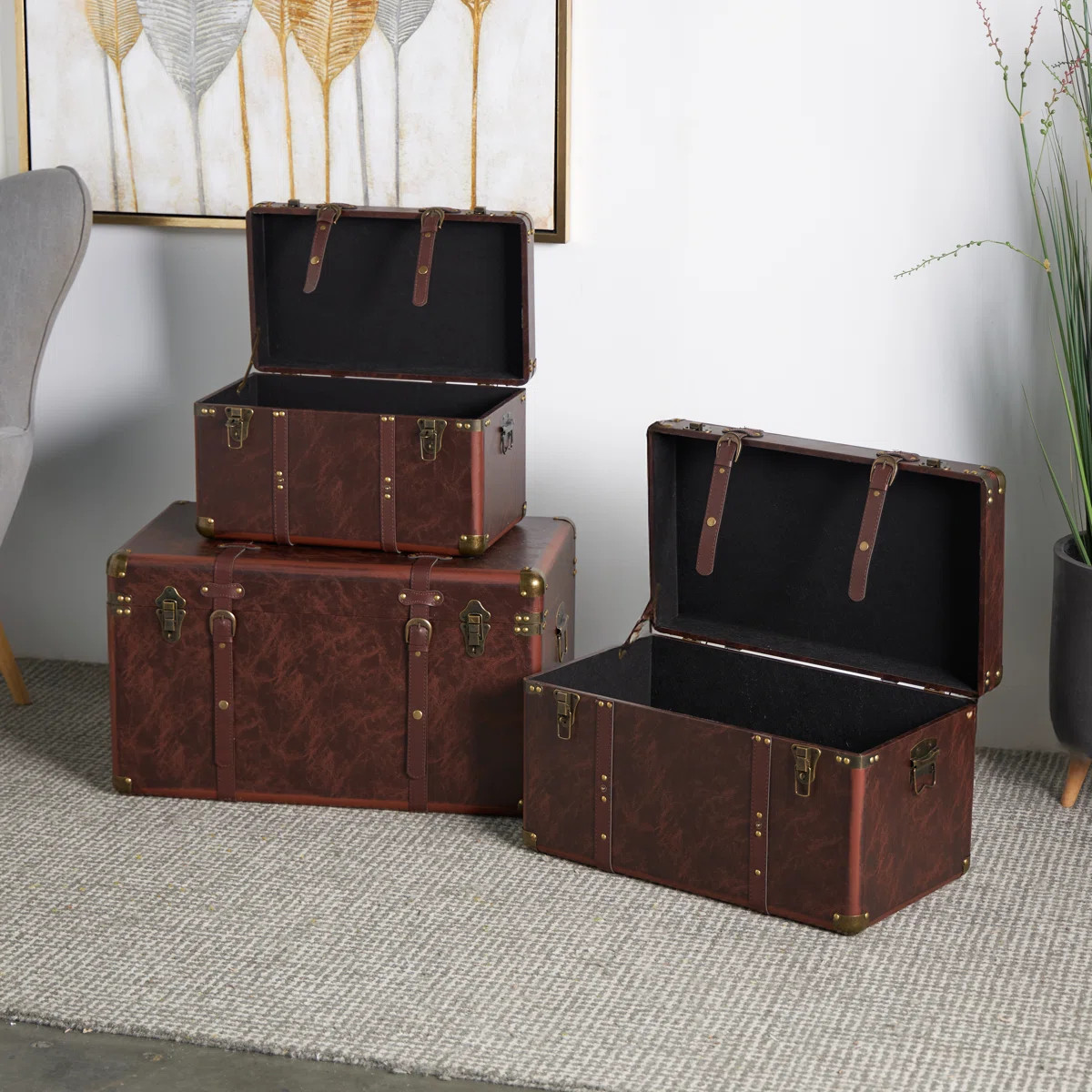 Brown Faux Leather Nesting Upholstered Decorative Trunk with Vintage Gold Accents and Studs, Set ... | Wayfair North America
