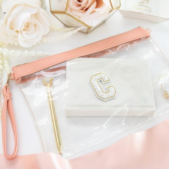 Clear Makeup Bag with Custom Monogram Patch Gold White Chenille Varsity Letter Personalized Clear... | Etsy (US)