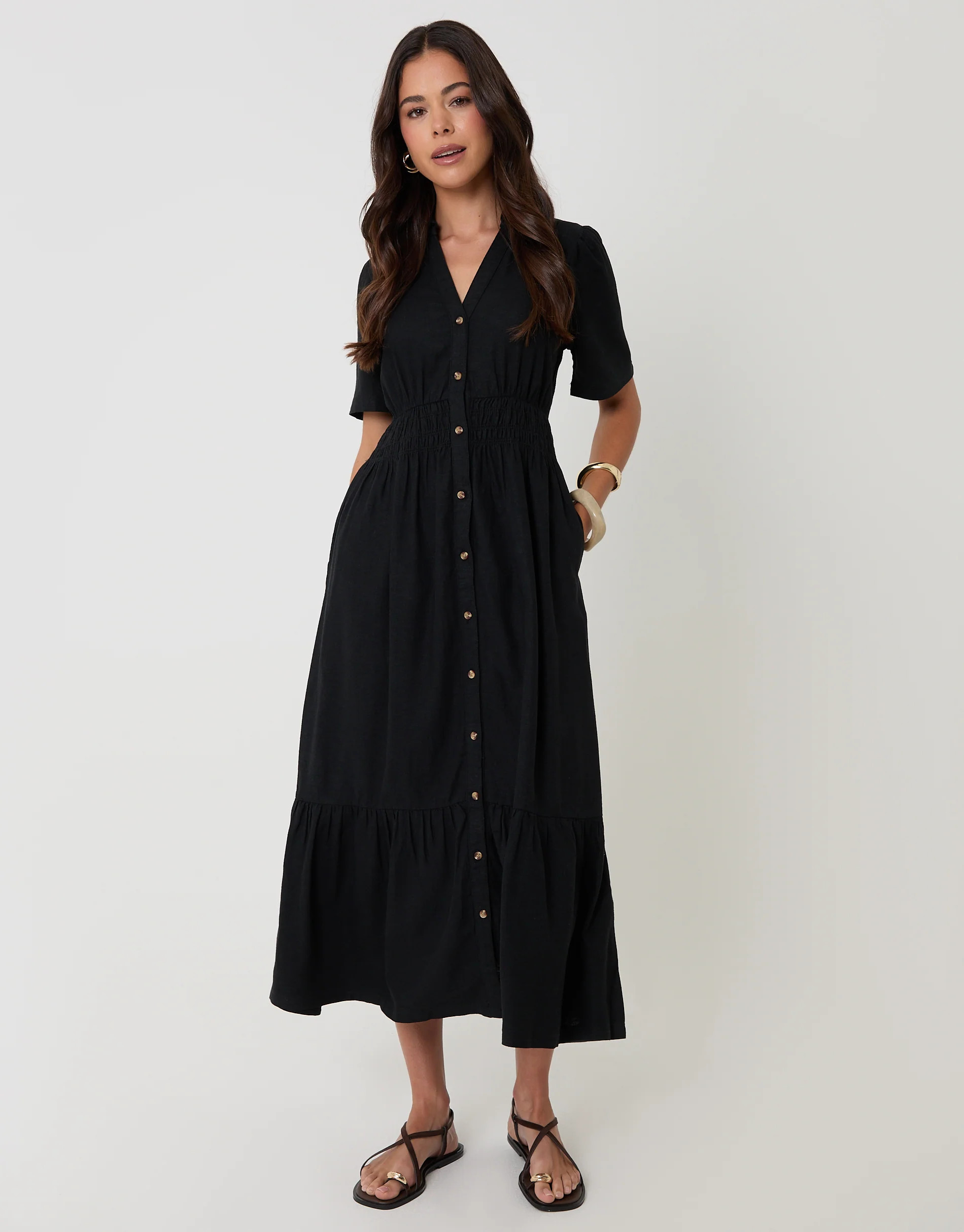Black Tiered Linen Blend V Neck Maxi Dress | Threadbare