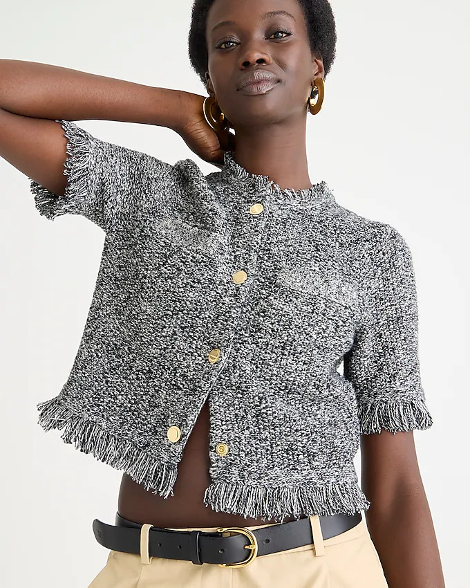 Fringe-trim short-sleeve cropped lady jacket in marled yarn | J. Crew US