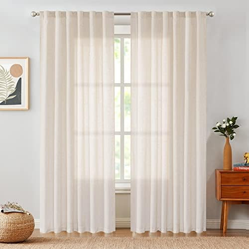 Lazzzy Linen Curtains Semi Sheer Curtains for Living Room Back Tab Flax Linen Curtains Cream Rod Poc | Amazon (US)