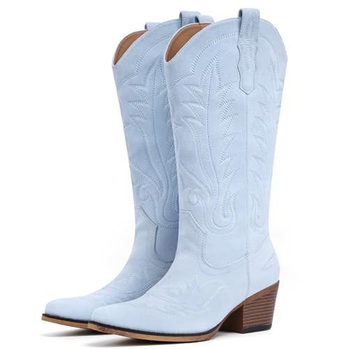 Fioralie Suede Cowboy Boots for Women Western Mid Calf Cowgirl Boots with Embroidered, Retro Snip Toe Fashion Boot With Chunky Block Heel Summer Fall Country Music Festival Cowboy Chic | Amazon (US)