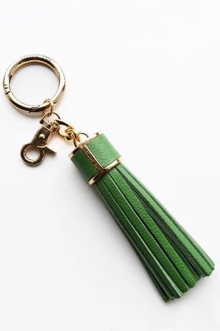 Shamrock Green Leather Tassel Bag Charm With Gold Hardware | Mel Boteri
