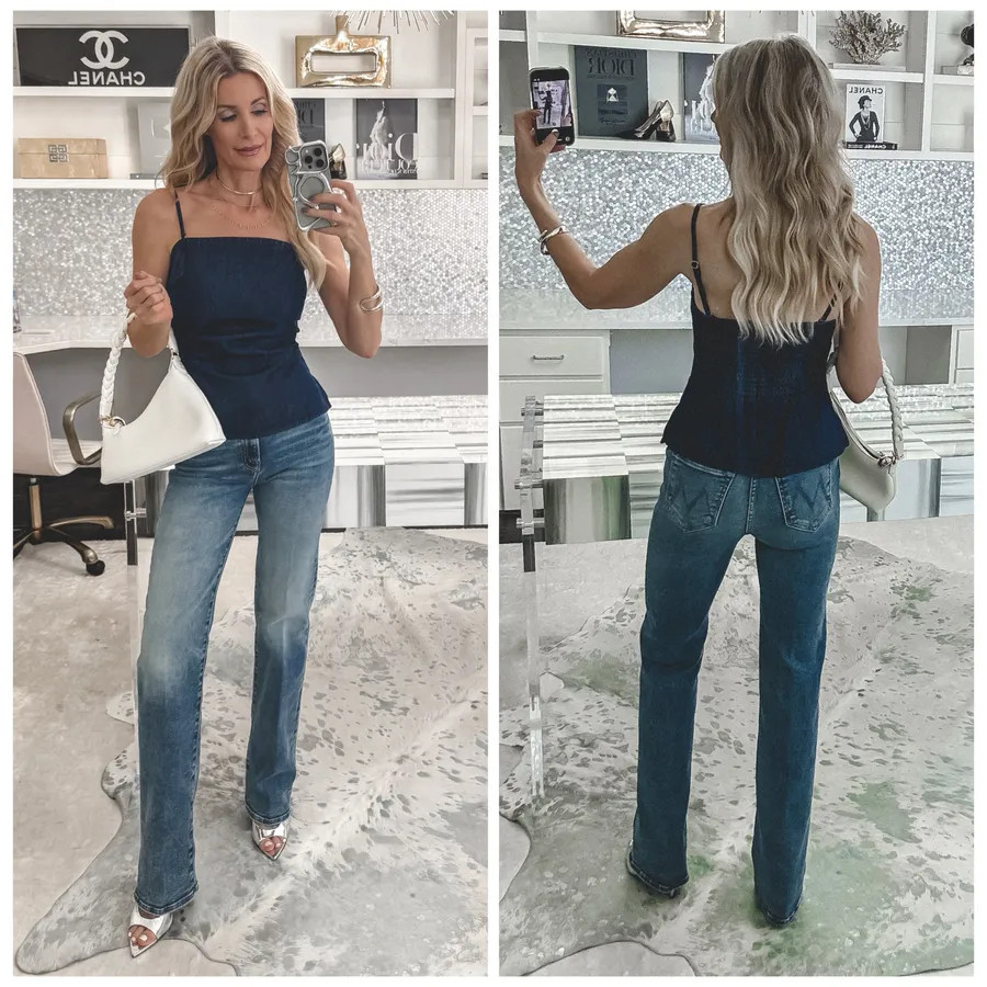 Denim on denim is such a chic trend right now, and these new Mother jeans create the longest leanest silhouette ✨ Love the floor skimming length with heels and this flattering gathered Madewell top. Size 24 in jeans. #DenimOnDenim #MotherJeans #GirlsNightOut 

 

#LTKootd