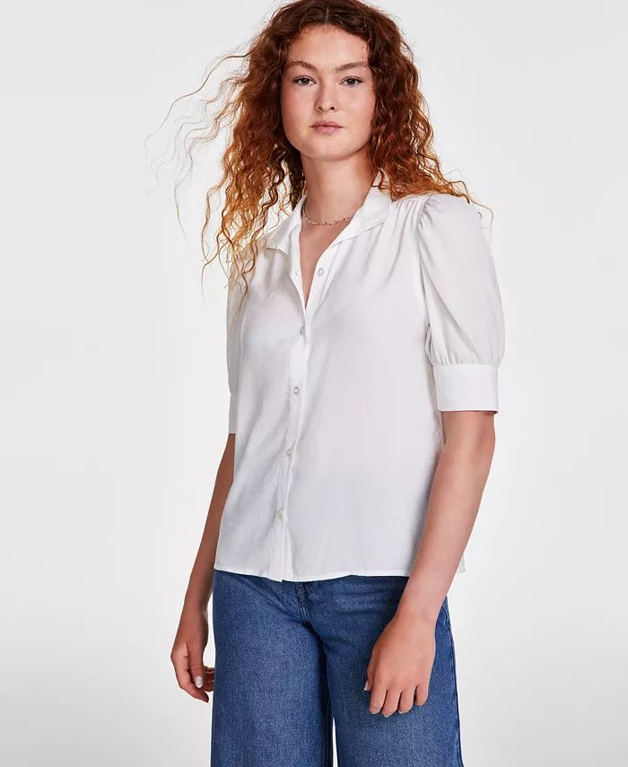 Calvin Klein Jeans Women's Stand-Collar Charmeuse Puff-Sleeve Shirt - Macy's | Macy's
