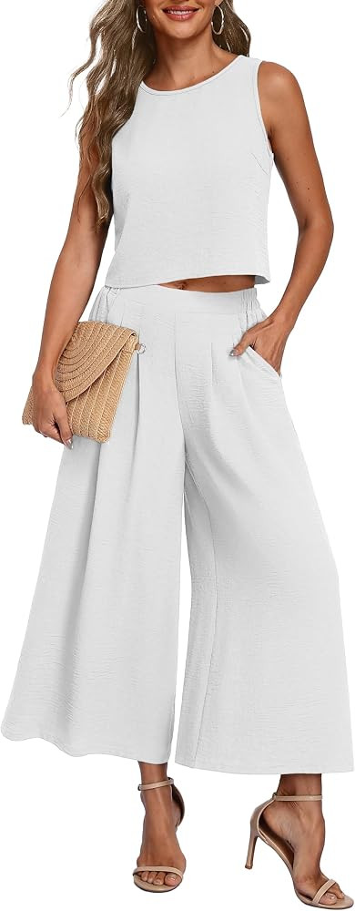 Lepunuo Womens Summer 2 Piece Outfits Flowy Wide Leg Pants Matching Sets | Amazon (US)
