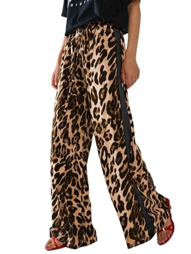 Women's Casual Pants Drawstring Leopard Print Color Block Side Striped Straight Leg Wide Leg Loos... | Amazon (US)