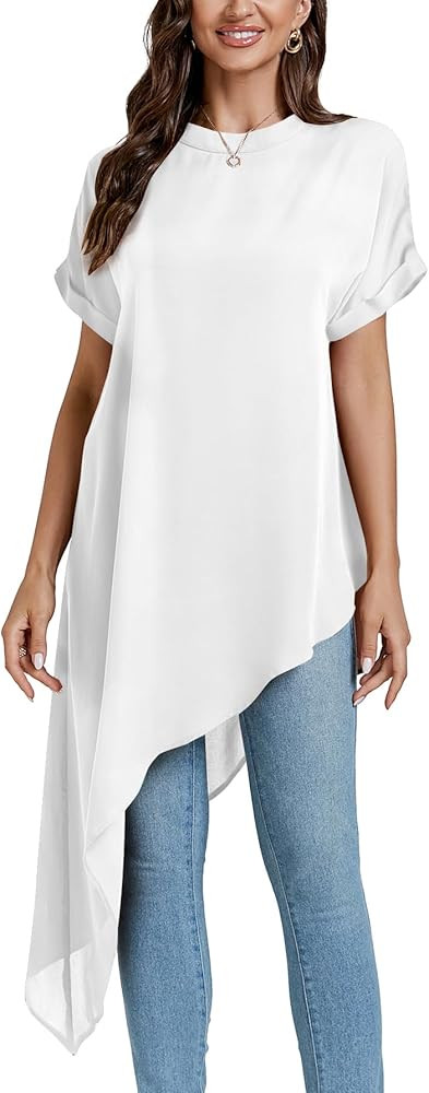 LYANER Women's Casual Mock Neck Short Sleeve Irregular Hem Loose Blouse Long Shirt Top | Amazon (US)