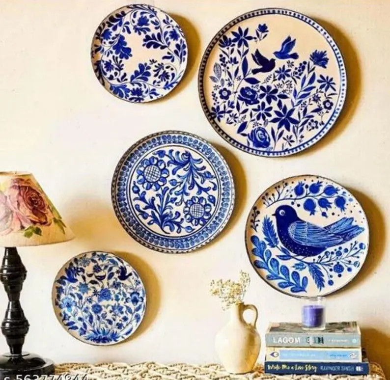 Set of 5 Blue Floral Metal Wall Plates, Indian Style Boho Decor | Etsy (Global)