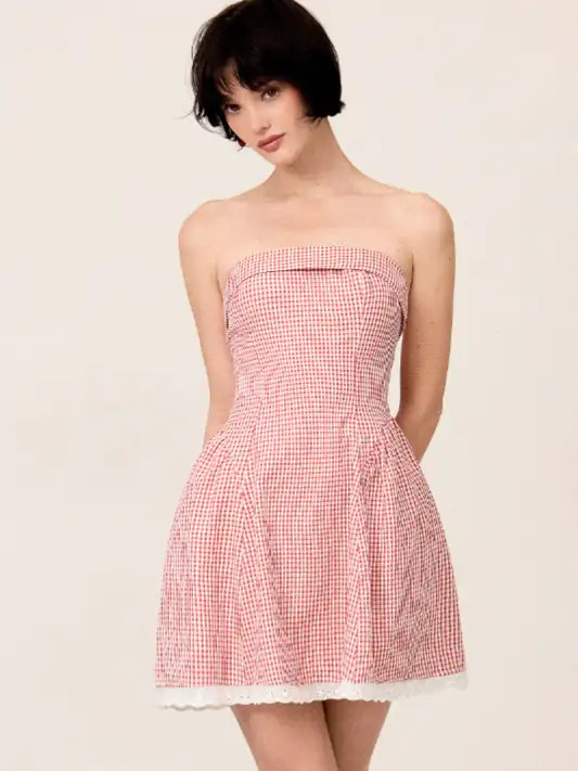 Cotton-blend Gingham Bandeau Bowknot Lace Trim A-line Mini Dress | Cider