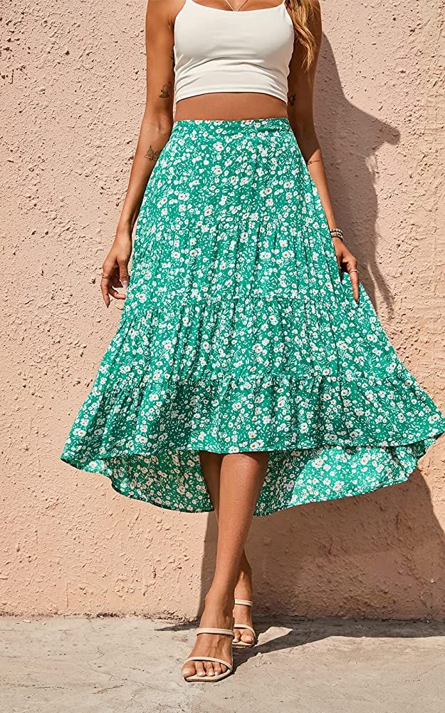 PRETTYGARDEN Women's Ditzy Floral Print Midi Skirt Boho Elastic High Waist Long Skirts for Women ... | Amazon (US)