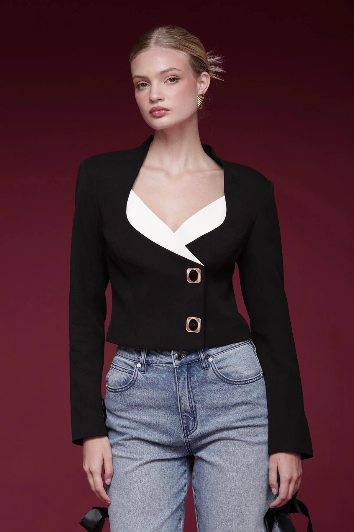 Contrast Lapel Novelty Button Blazer | Avec Les Filles