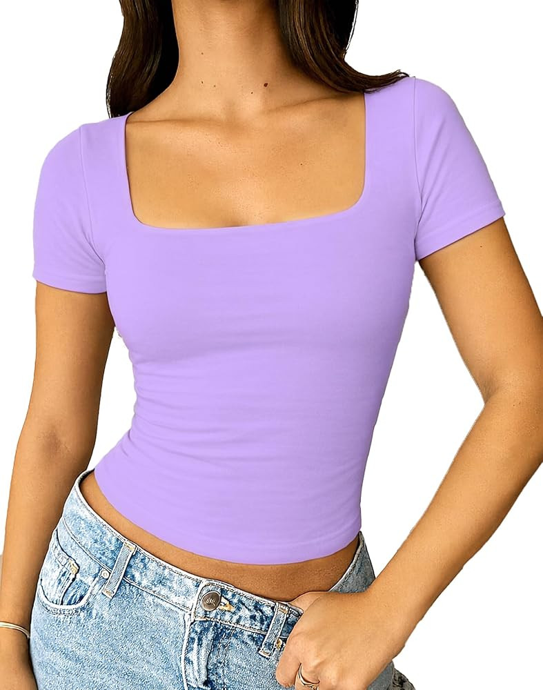 ForeFair Women's Square Neck Going Out Tops Double Lined Short Sleeve Slim Fitted Summer Basic T ... | Amazon (US)