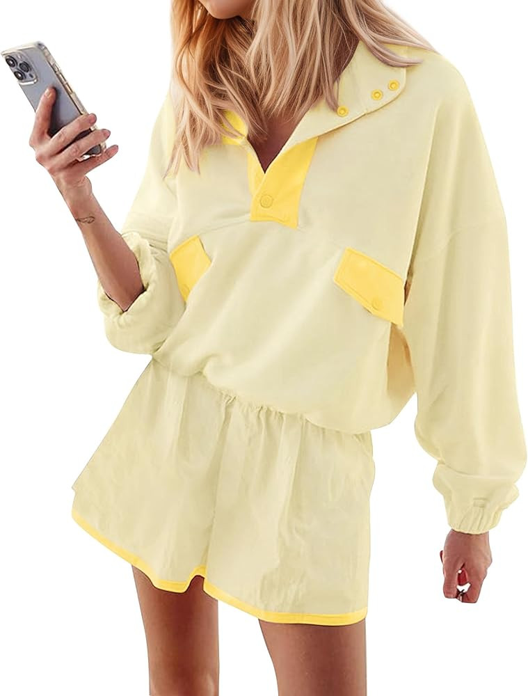 Womens 2 Piece Short Sets Loose Color Block Sweatshirts Short Set and Summer Long Sleeve Pullover... | Amazon (US)