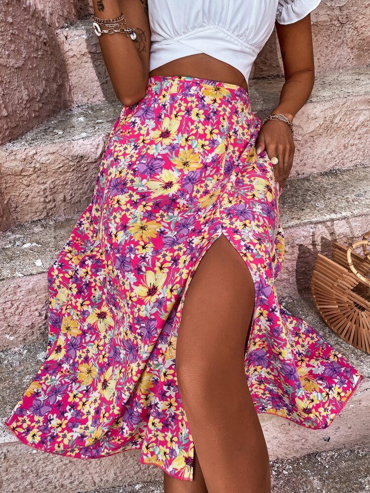 SHEIN VCAY High Waist Allover Floral Print Split Thigh Skirt
       
              
             ... | SHEIN