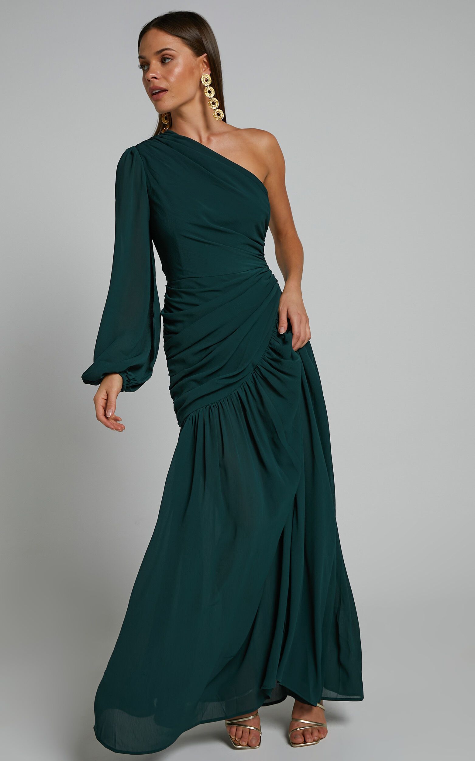 Grittah Midi Dress - One Shoulder Bishop Sleeve High Split Ruched Dress in Emerald | Showpo (US, UK & Europe)