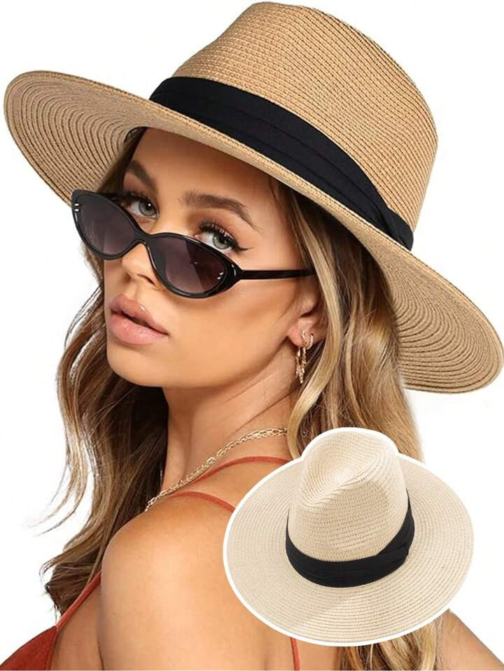 One Ladies Simple Three-Fold Decorative Panama Straw Hat, Outdoor Sunscreen Sun Hat For Summer Be... | SHEIN