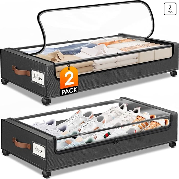 Under Bed Storage with Wheels 2Pack Storage Containers with Clear Window&Label Under Bed Drawers ... | Amazon (US)