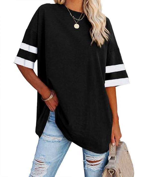 Fisoew Womens Oversized Tees Loose T Shirts Half Sleeve Crew Neck Color Block Cotton Tunic Tops | Amazon (US)