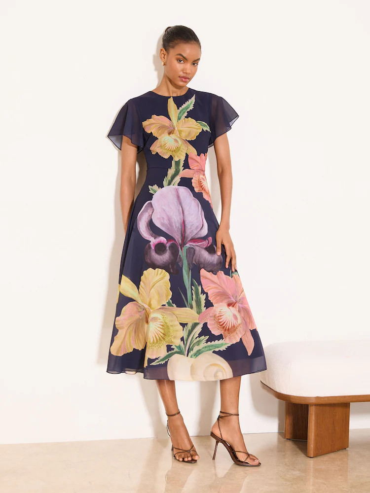 Lipsy Navy Petite X Mandy Sade Floral Print Fit And Flare Midi Dress | Next US