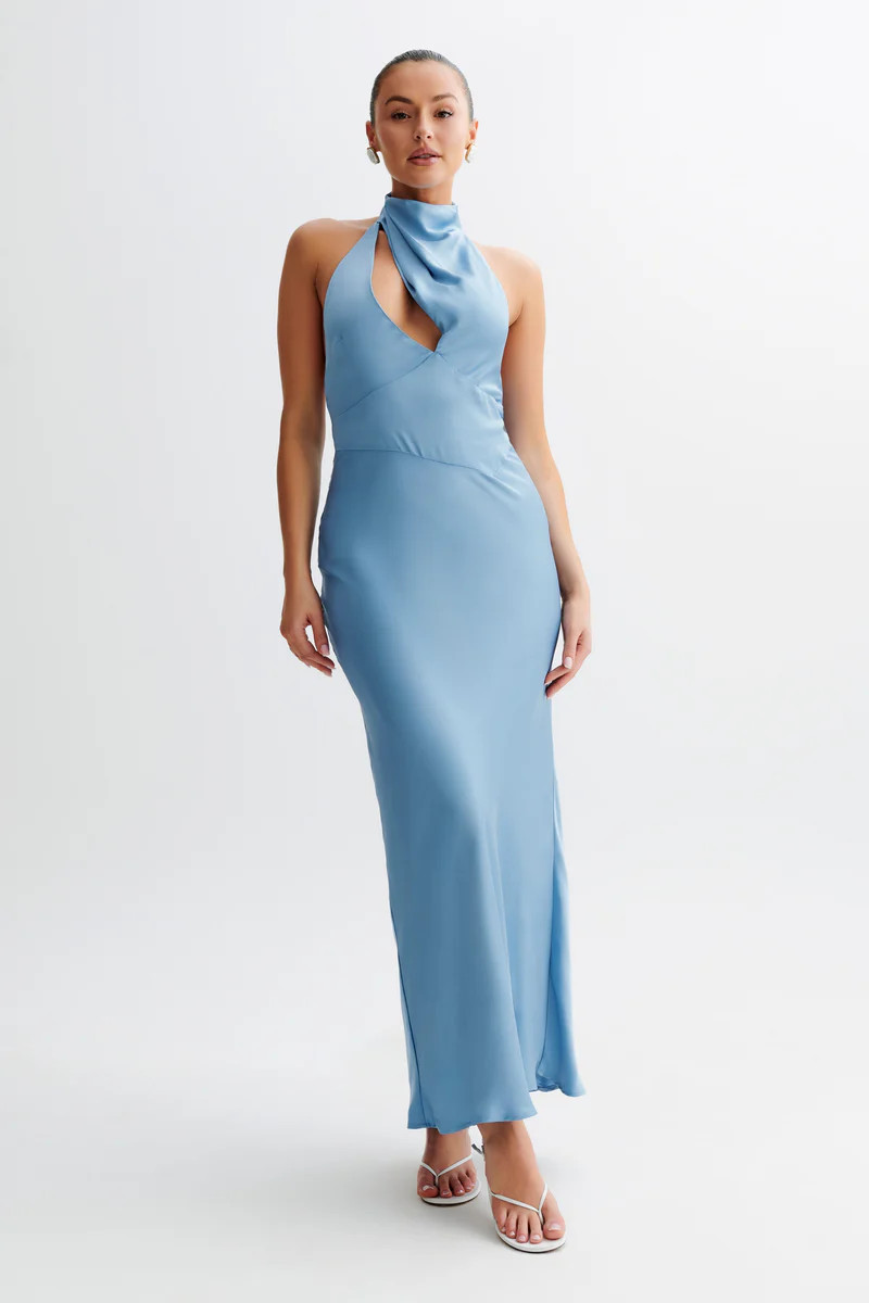 Belladonna Satin Halter Maxi Dress - Iris Blue | MESHKI US