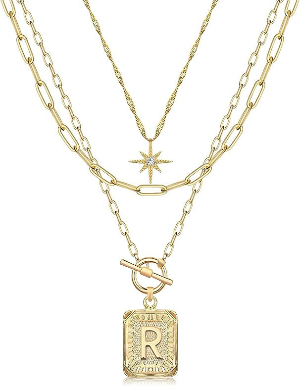 MJartoria 14K Gold Plated Layered Initial Necklaces for Women Trendy, Simple Square A-Z Letter Neckl | Amazon (US)
