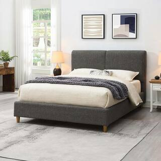 Katie Gray Wood Frame Queen Platform Bed with Padded Headboard and Round Tapered Wood Legs | The Home Depot