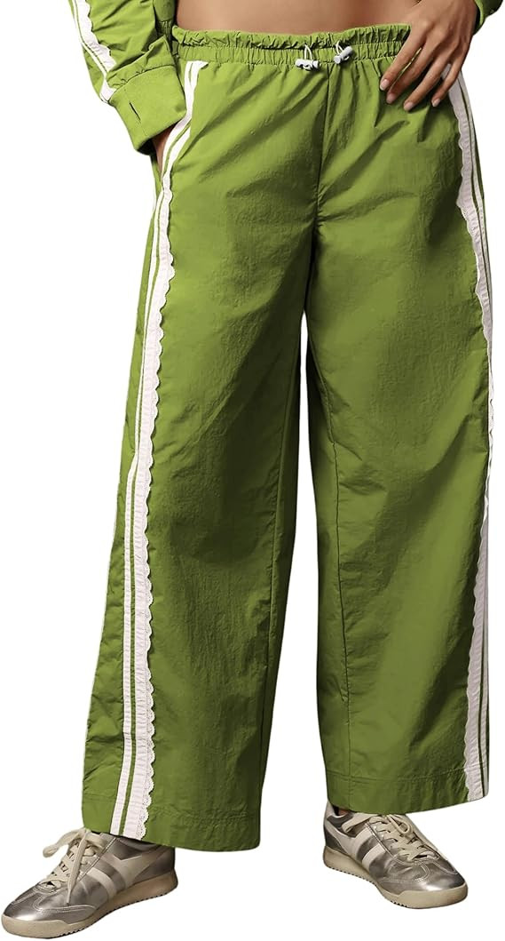 Women Baggy Track Pants Lace Side Stripe Drawstring Elastic Waist Wide Leg Parachute Pants with P... | Amazon (US)