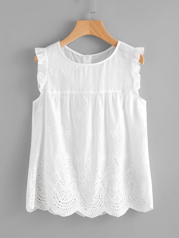 Eyelet Embroidered Scallop Hem Frilled Shell Top | SHEIN