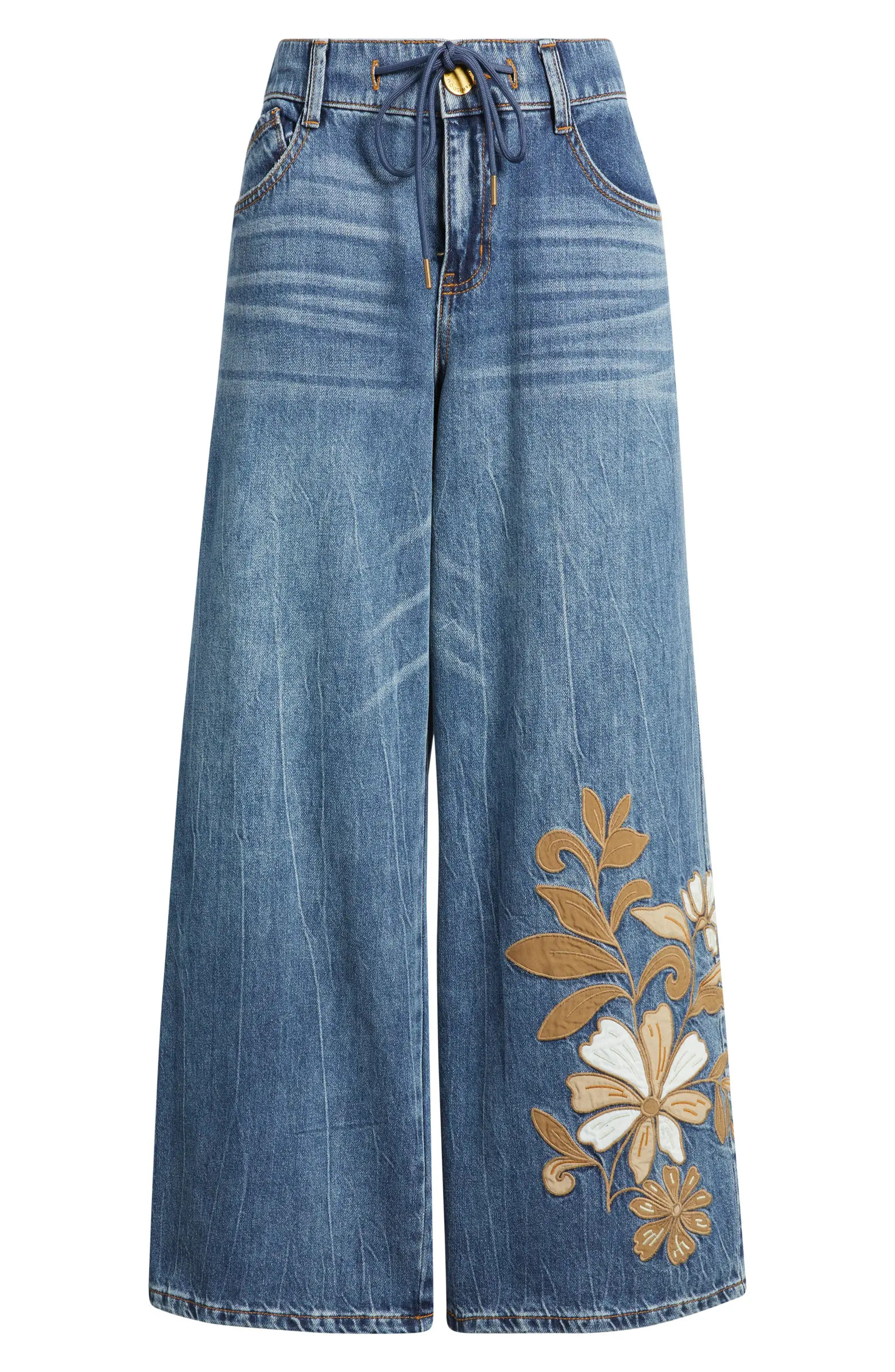 Flower Appliqué High Waist Wide Leg Jeans | Nordstrom