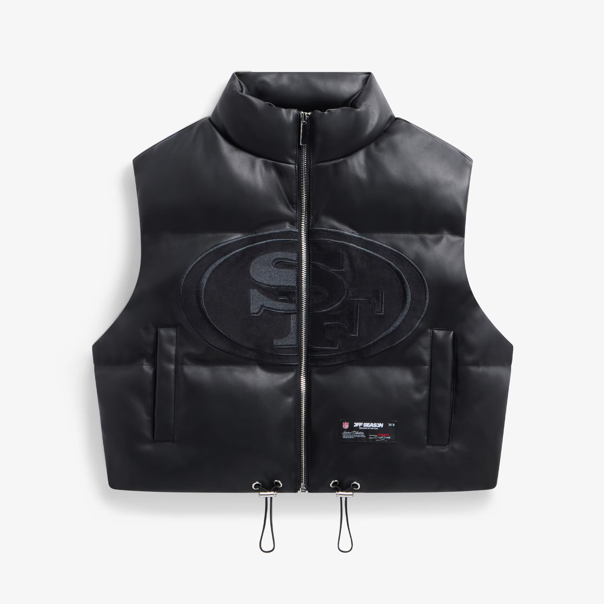 San Francisco 49ers Off Season x NFL Women's Faux Leather Cropped Puffer Vest - Black | Fanatics