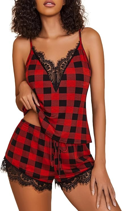 Avidlove Women Pajama Set Lace Trim Short PJ Set Modal V Neck Sleeveless Sleepwear Drawstring Wai... | Amazon (US)