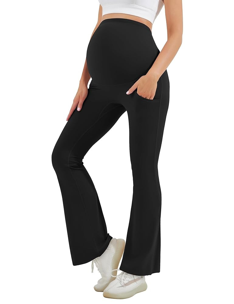 Women's Maternity Flare Leggings Over The Belly - Casual Pregnancy Yoga Pants with Pockets Butter... | Amazon (US)