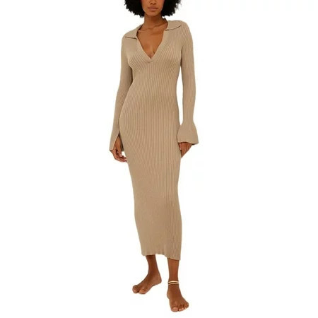 Women s Ribbed Knit Midi Dress Long Sleeve Lapel Collar Bodycon Dress | Walmart (US)