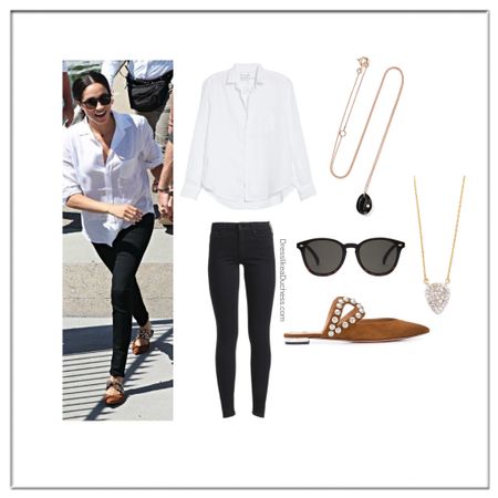 Meghan Markle in Frank and Eileen ‘Eileen’ shirt, mother denim looker jeans in black and Le specs sunglasses October 2018