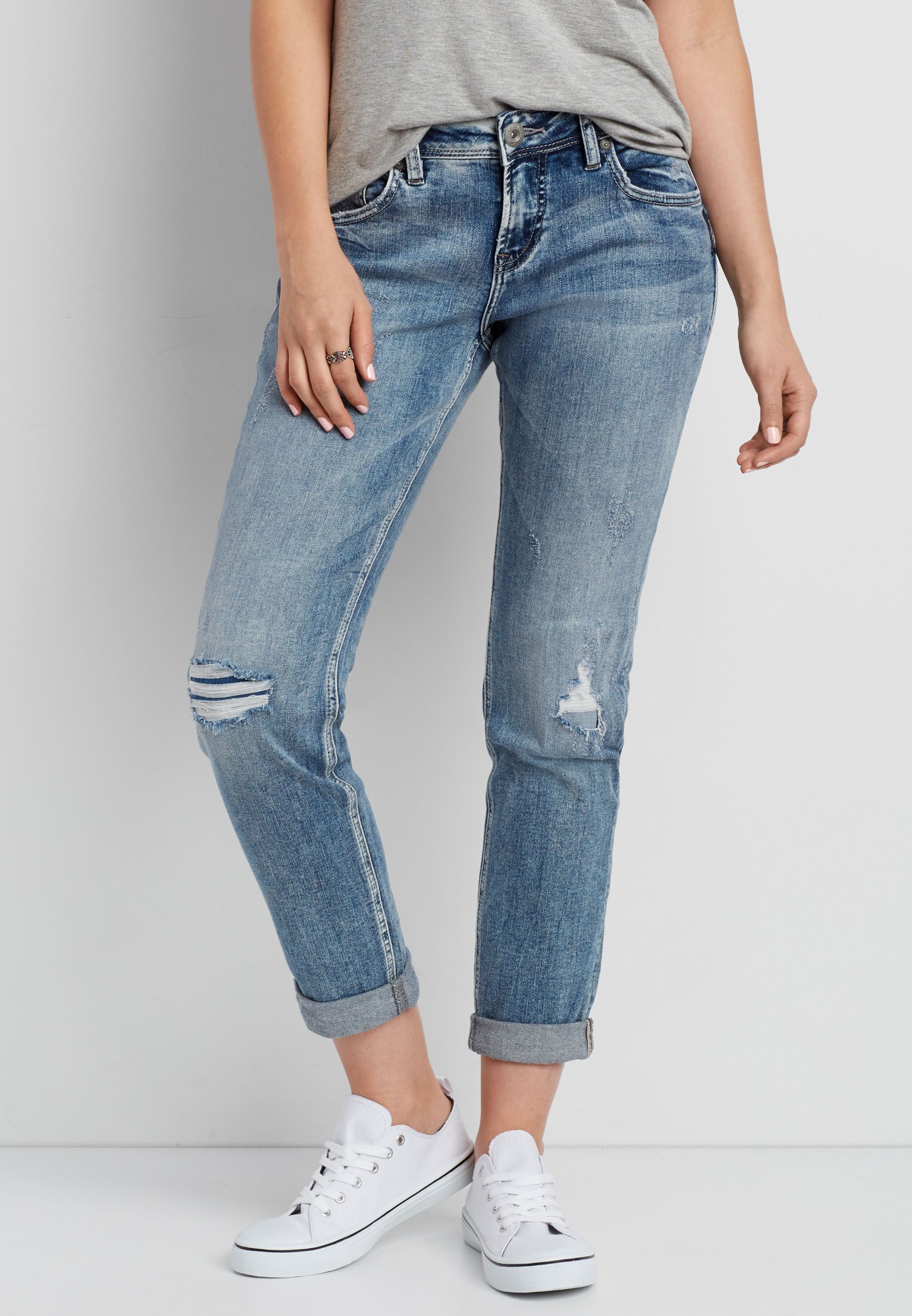 Silver Jeans Co® Sam boyfriend jeans with lined destruction | Maurices