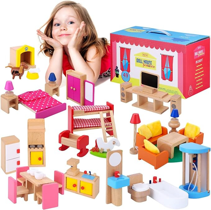 Premium Wooden Dollhouse Furniture Set –49PCS, 7 Rooms– Doll House Furniture and Accessories ... | Amazon (US)
