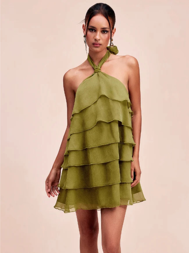 Chiffon Chiffon-Halter-Ausschnitt asymmetrischer Rüschen-Babydoll Minikleid For Party/Clubbing Ferien | Cider
